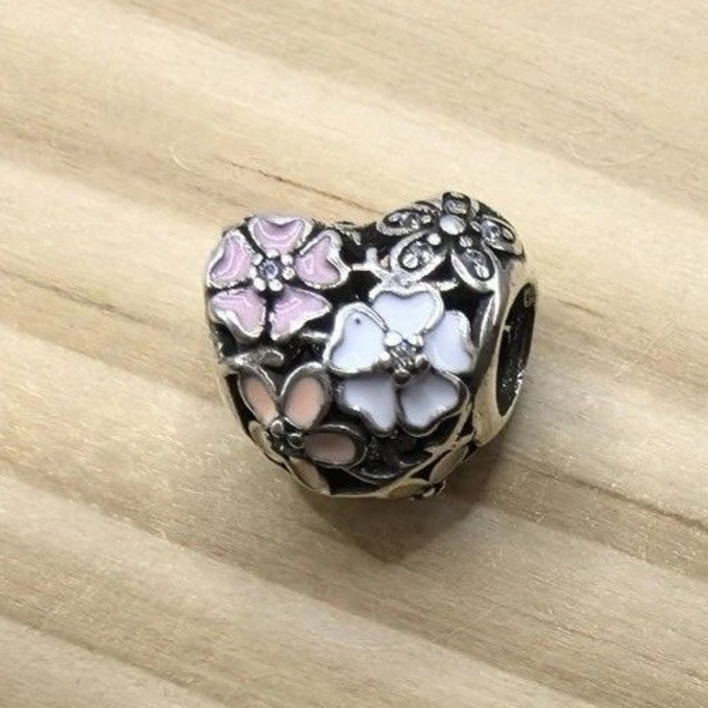 Pandora Openwork Poetic Blooms Pink Heart Charm 791825ENMX Sterling Silver CZ
